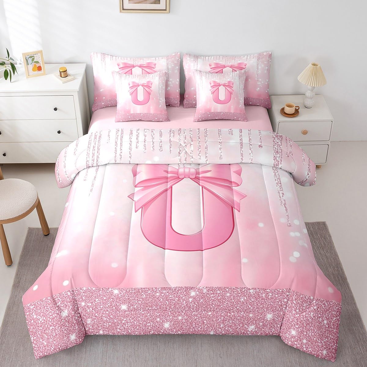 Feelyou Kids Pink Bowknot Bed in A Bag Twin Size, Personalized Initial A Comforter Set with Sheets Princess Glitter 7 Pieces Bedding Set Boys Girls Bow Alphabet Teens Bed Set Bedroom Decor 7Pcs