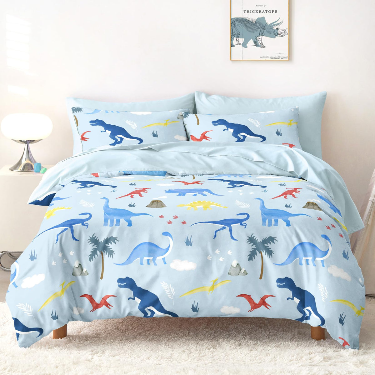 Wake In Cloud - Dinosaur Bedding Set for Boys, Cute Colorful Dinosaur Dino, Soft Lightweight Comforter Set with Sheets, 5 Pieces Kids Bed in a Bag, Dark Green, Twin Size