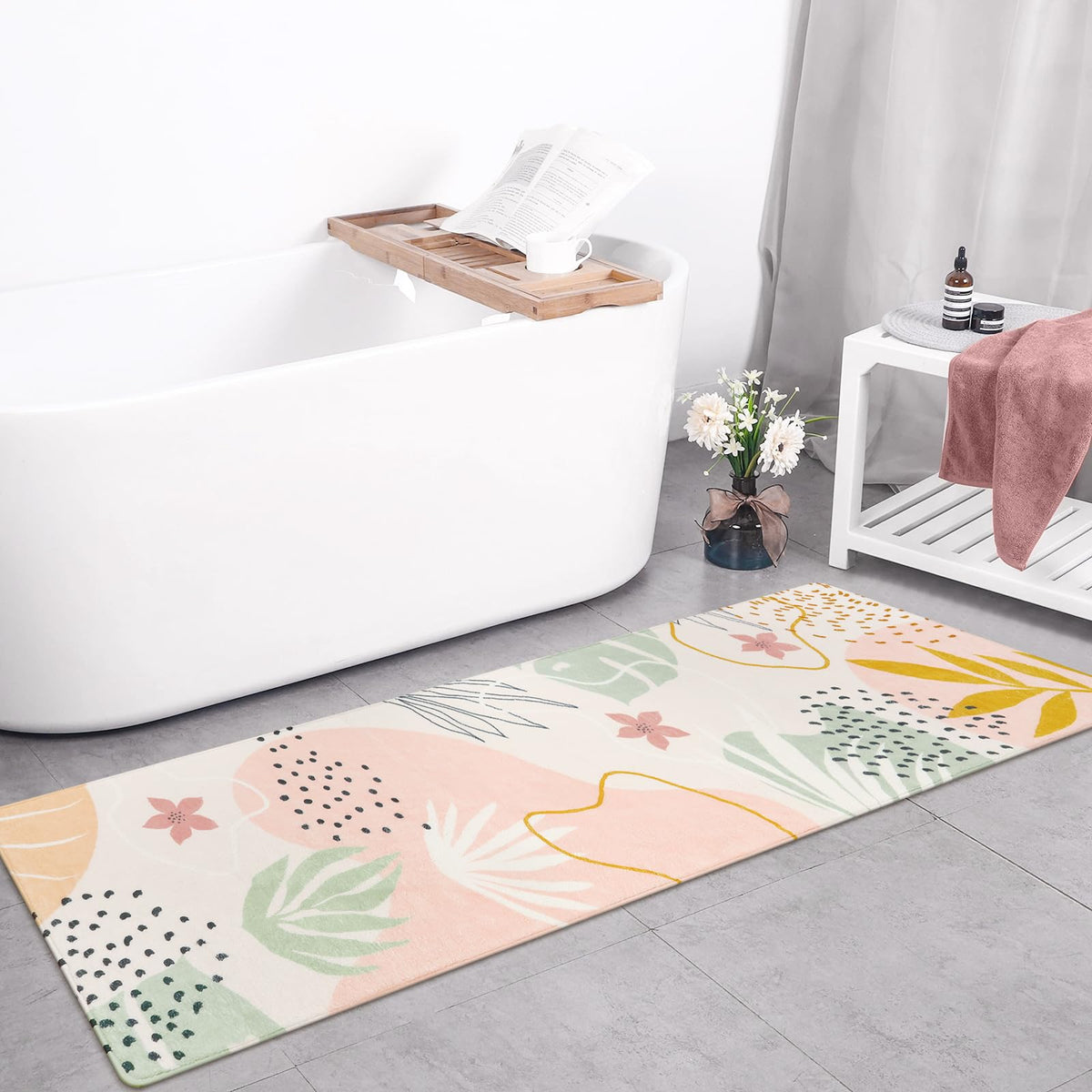 Lahome Pink Boho Nursery Rug 4x6, Washable Non Slip Soft Botanical Area Rug for Girls Bedroom Kids Room Playroom Dorm Apartment Decor