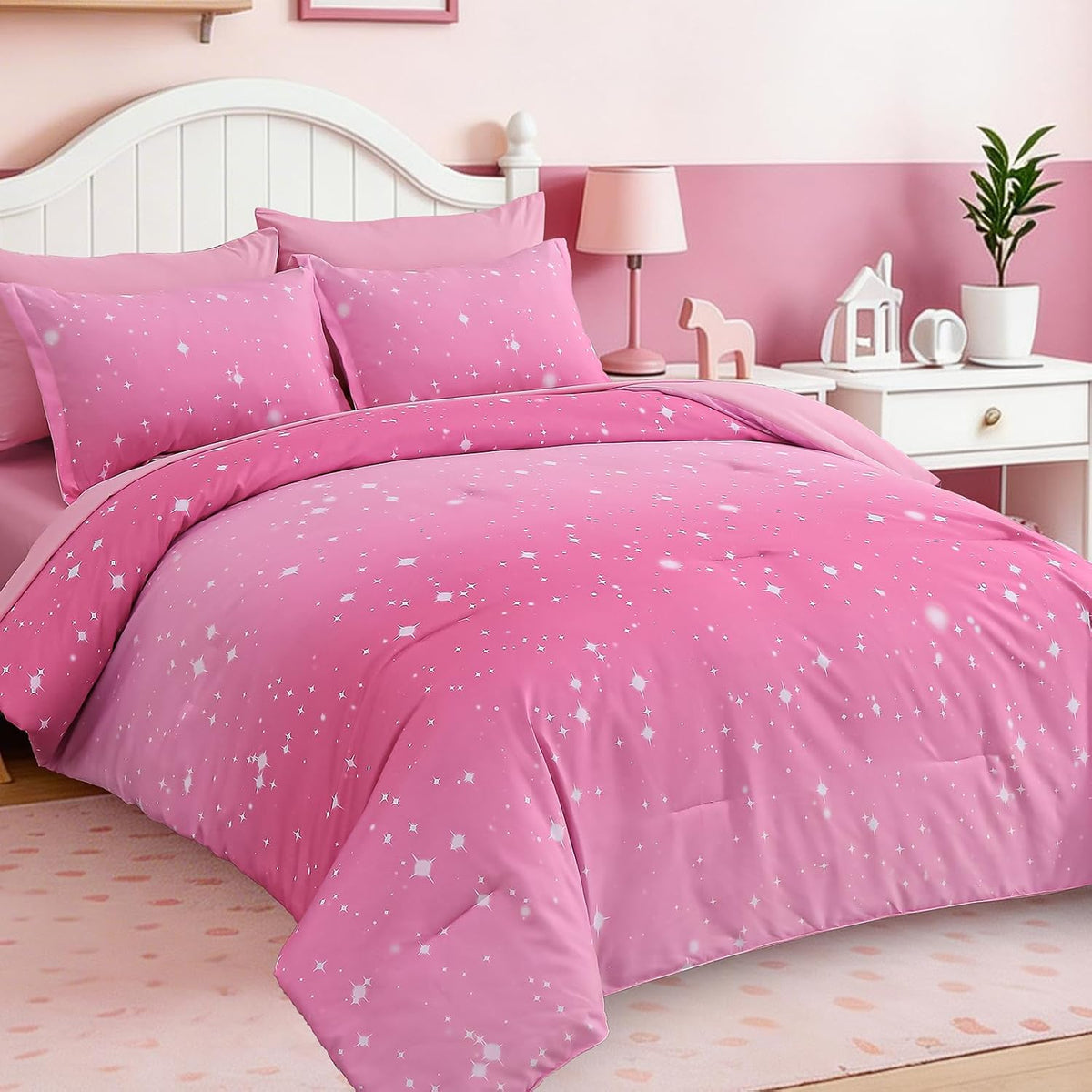 Dinjoy Girls Comforter Set 7 Pieces, Queen Size Colorful Ombre Rainbow Bedding Set, Bed in A Bag for Kid Teen Girls (1 Comforter, 1 Flat Sheet, 1 Fitted Sheet, 2 Pillow Shams, 2 Pillowcases)