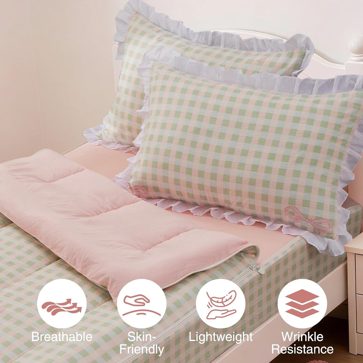 Aimuan Zipper Bedding Twin Zip Up Bedding Set Pink Checked Plaid 3 Pcs Zippered Bedding Twin Comforter Bed in a Bag with Fitted Sheet and 2 Pcs Pillowcases (Pink-Green,Twin)