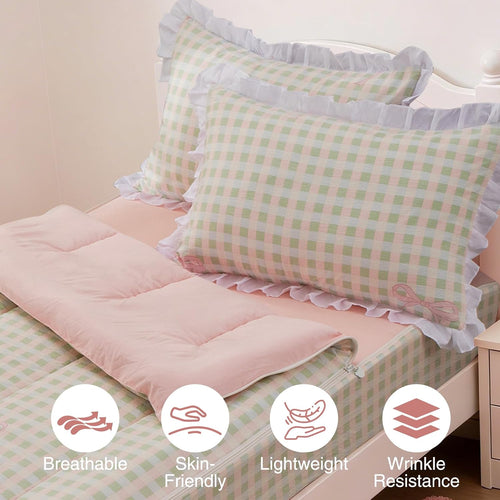 Aimuan Zipper Bedding Twin Zip Up Bedding Set Pink Checked Plaid 3 Pcs Zippered Bedding Twin Comforter Bed in a Bag with Fitted Sheet and 2 Pcs Pillowcases (Pink-Green,Twin)
