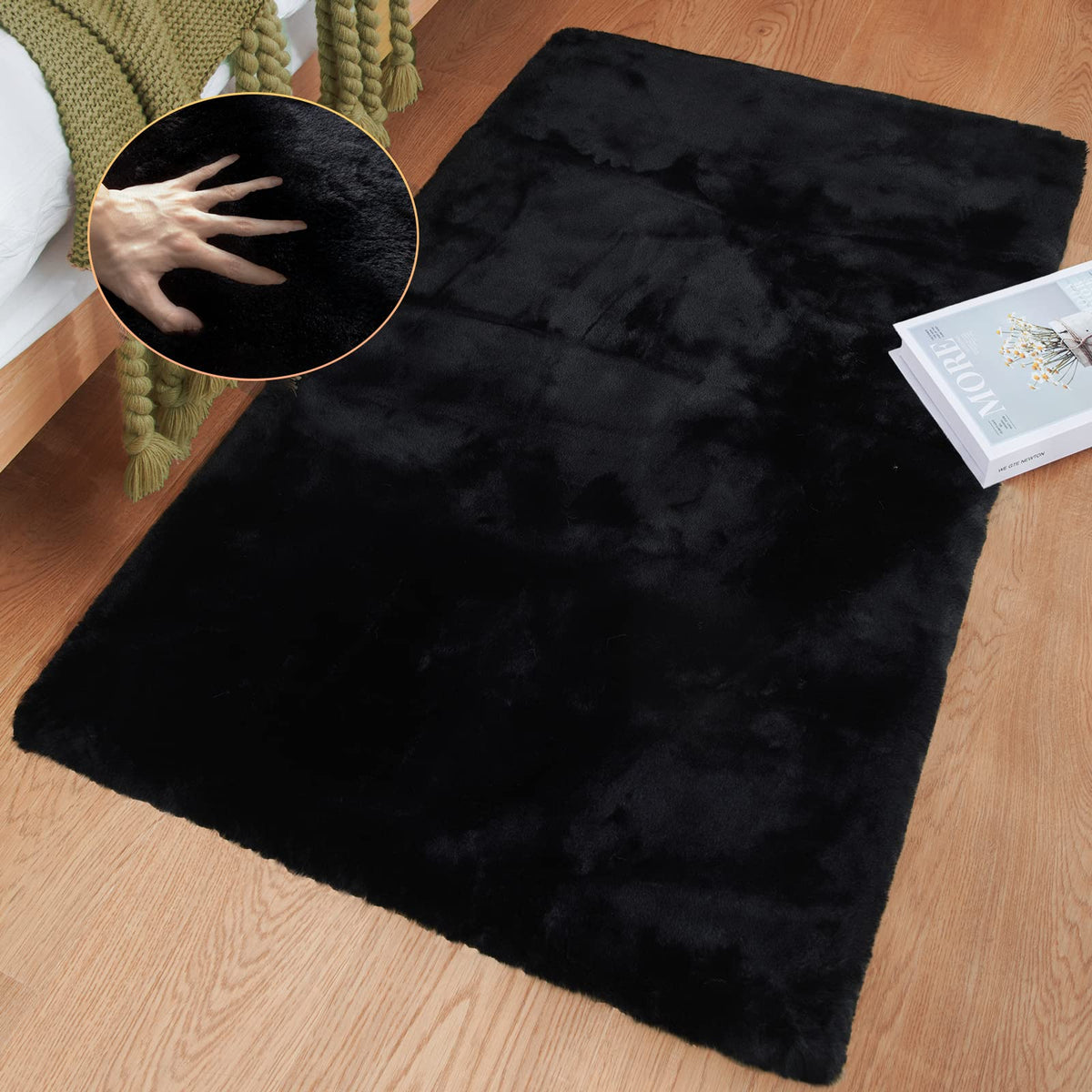 ORINOVA Beige Faux Sheepskin Rabbit Fur Shaggy Rugs for Bedroom Small Shag Washable Fluffy Fur Rug for Living Room Rug 2x3 Nursery Rectange Rugs