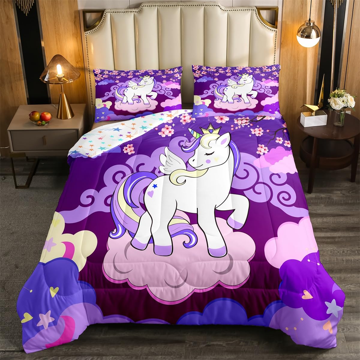 Feelyou Unicorn Girls Bedding Set Twin Rainbow Kids Pink Unicorn Comforter Set Kawaii Cute Reversible Stars Duvet Quilt Teens Children Adults Cartoon Unicorn Room Decor All Season