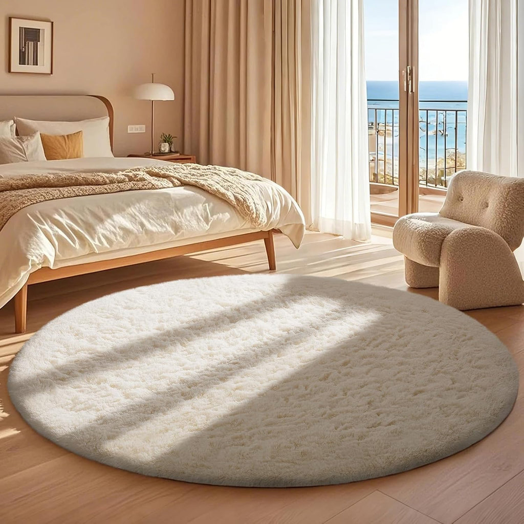 Ophanie Round Rugs 5Ft Ivory Circle Area Rug,Baby Nursery Living Room Bedroom Decor Circular Carpet 5 Foot,Fluffy Fuzzy Shag Plush Cream for Kids Boys Girls Teen with Over 99 pcs Pile fibers