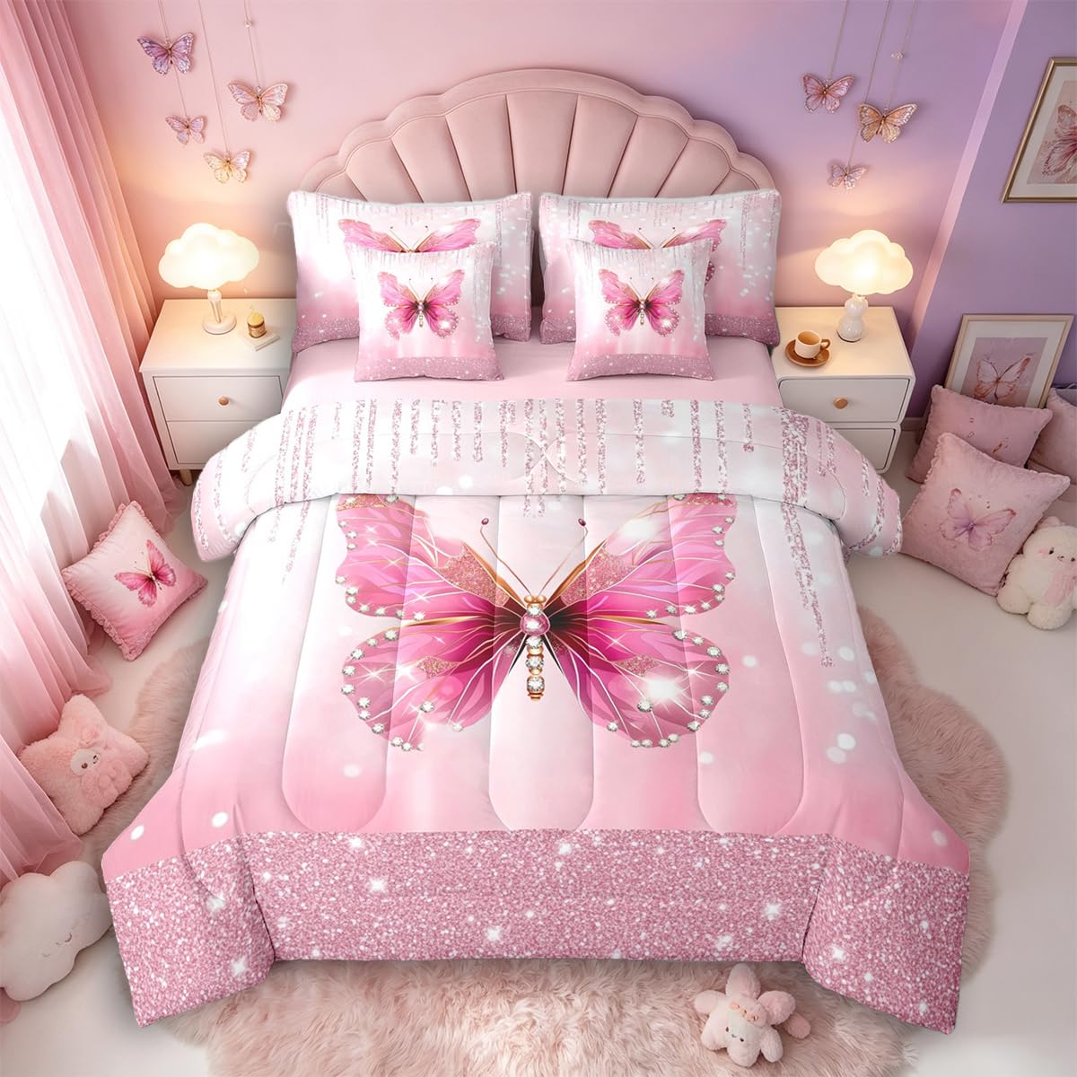 Feelyou Kids Pink Bowknot Bed in A Bag Twin Size, Personalized Initial A Comforter Set with Sheets Princess Glitter 7 Pieces Bedding Set Boys Girls Bow Alphabet Teens Bed Set Bedroom Decor 7Pcs