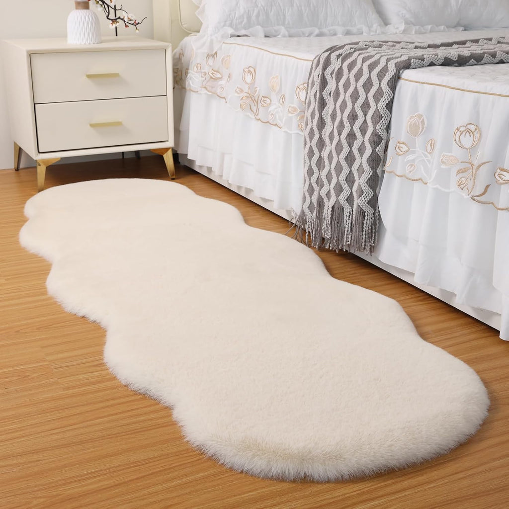 Fluffy Faux Rabbit Fur Rug 2'x6ft Beige Non-Slip Washable Mat Bedroom Living Room