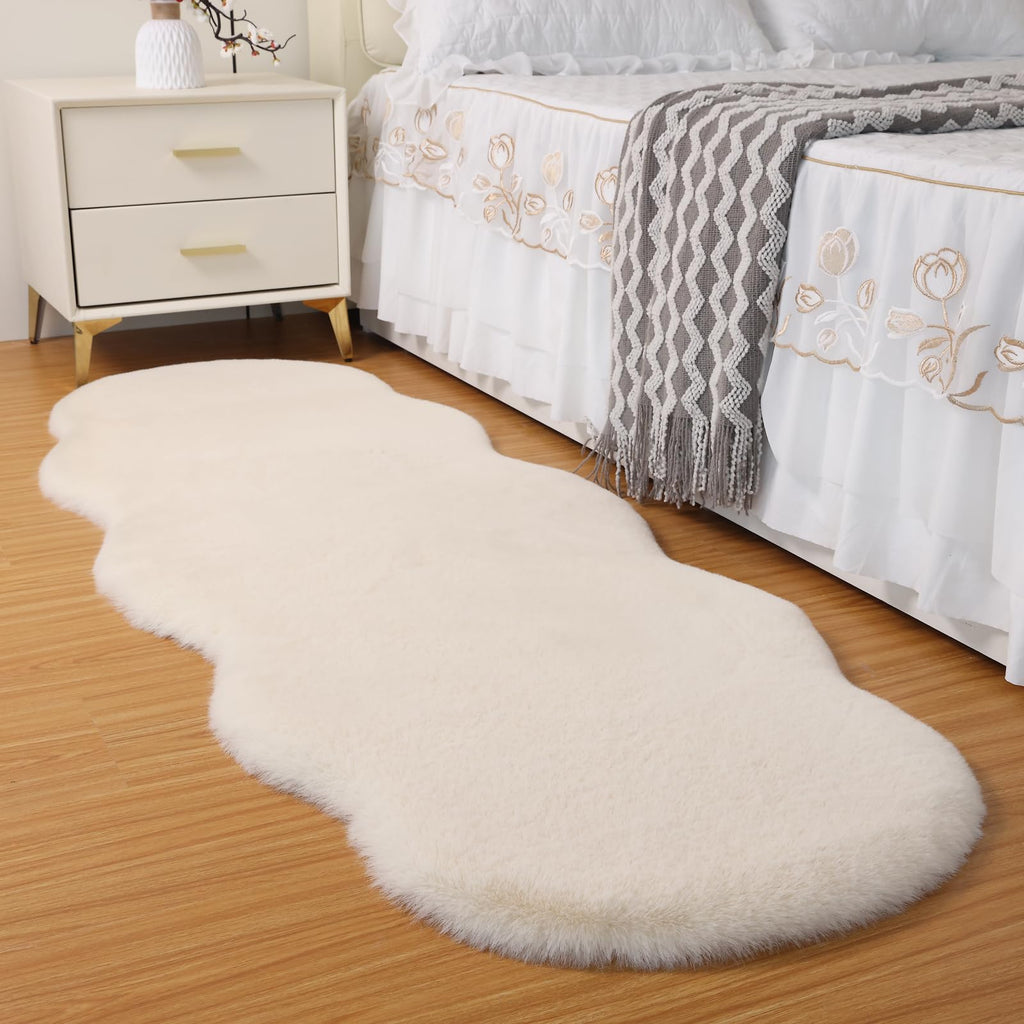 Fluffy Faux Rabbit Fur Rug 2'x6ft Beige Non-Slip Washable Mat Bedroom Living Room