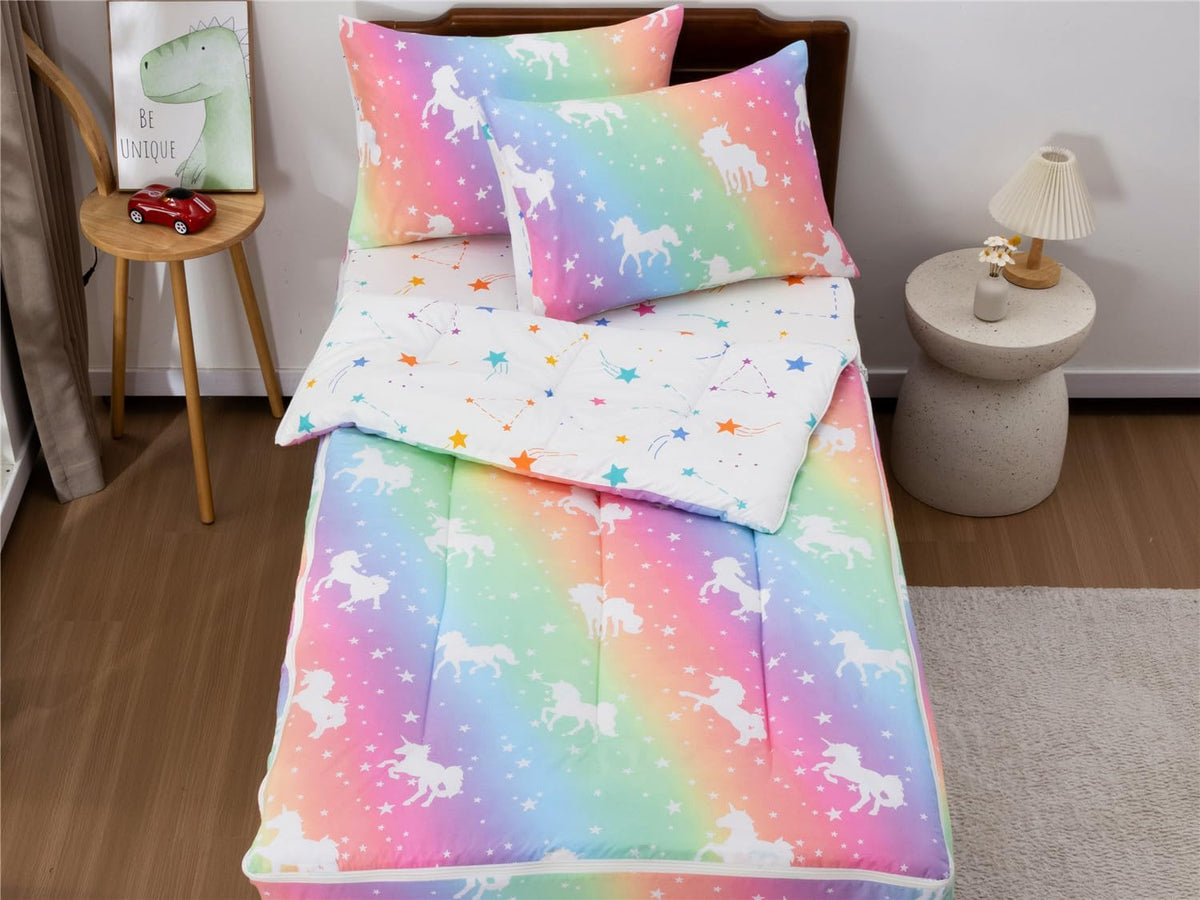 NTBED Unicorn Zipper Bedding Sets Twin for Kids Boys Lightweight Glow in Dark Comforter Set with Fitted Sheet Rainbow Pillow Covers