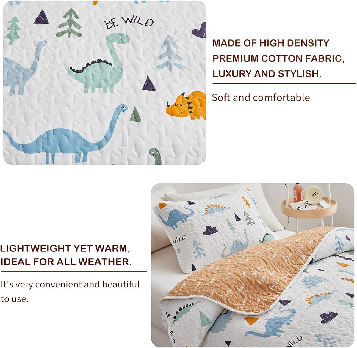Joyreap 3-Piece Cotton Quilt Set Full/Queen, Cute Dinosaur Reversible Design for Kids Boys n Girls, Breathable Quilt Bedspread Bed Cover for All Season, 1 Quilt and 2 Pillow Shams- 90x90 inches
