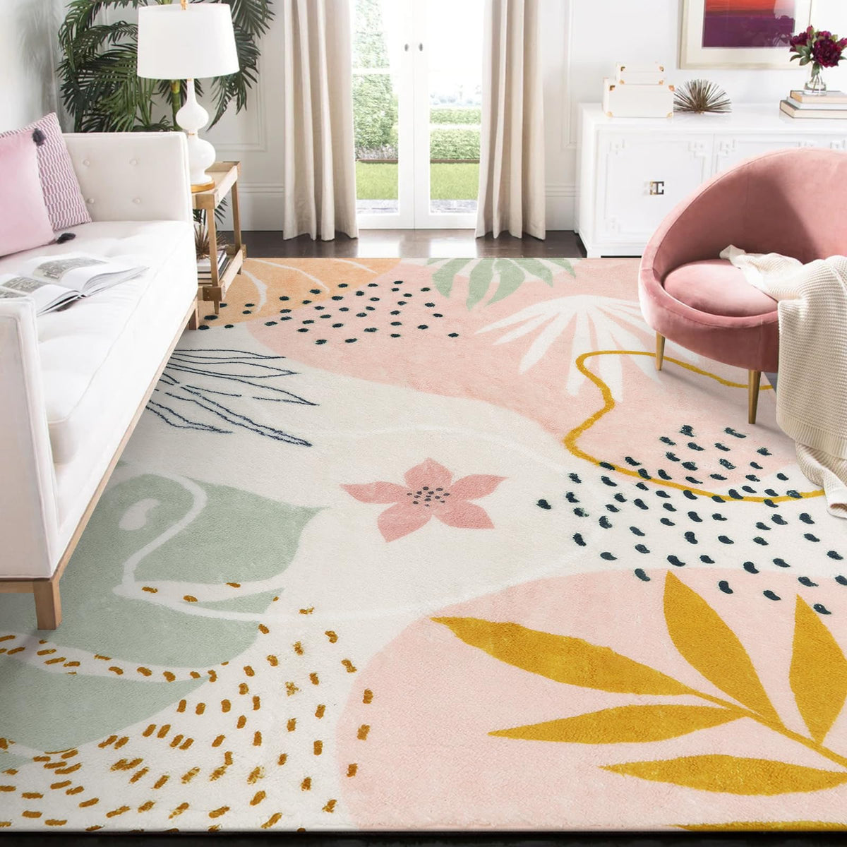 Lahome Pink Boho Nursery Rug 4x6, Washable Non Slip Soft Botanical Area Rug for Girls Bedroom Kids Room Playroom Dorm Apartment Decor