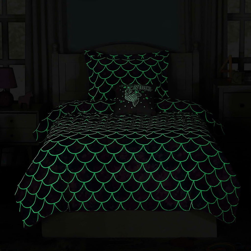 Twin Comforter Set for Girls-3 Pieces Mermaid Glow in the Dark Bedding Sets