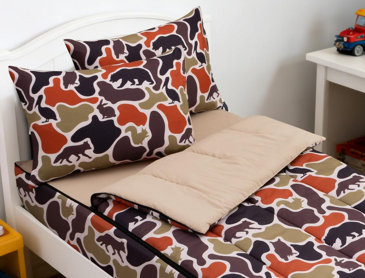 Meeting Story Zippable Bedding Twin,Dinosaur Camo Bedding Set Zip Up Comforter Bed in a Bag with Fitted Sheet and 2 Pcs Pillowcases(Green,Twin)