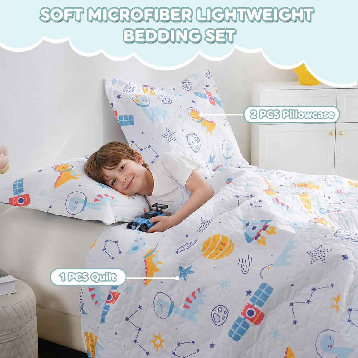 Dinosaur Space Rocket Themed Quilt Set Full Size for Boys,3 Pieces