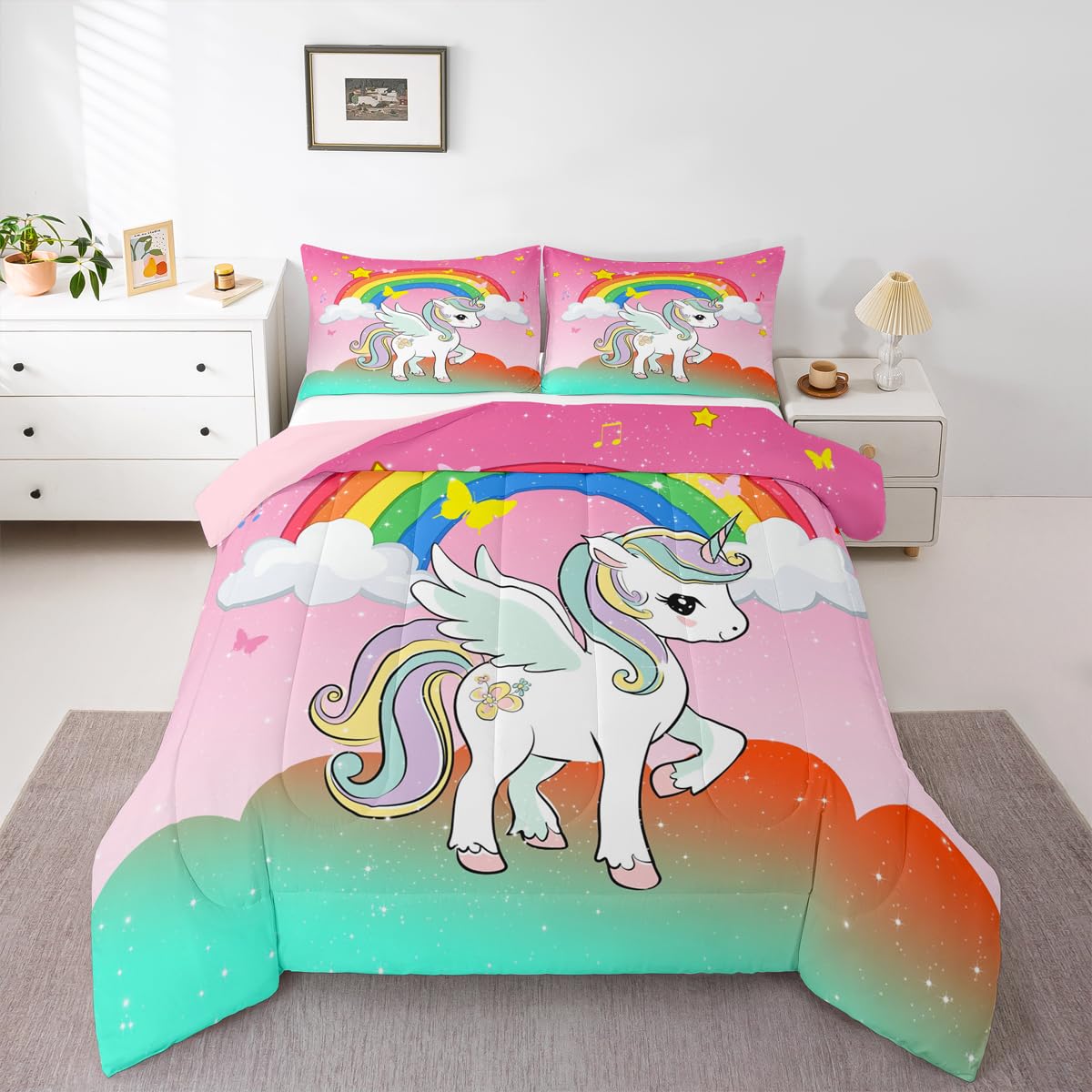 Erosebridal Girls Unicorn Comforter Set Twin Girls Bedding Set Cute Rainbow Unicorn Print Down Comforter Kids Cartoon Kawaii Duvet Insert Galaxy Stars Fantasy Room Decor Children Reversible Purple