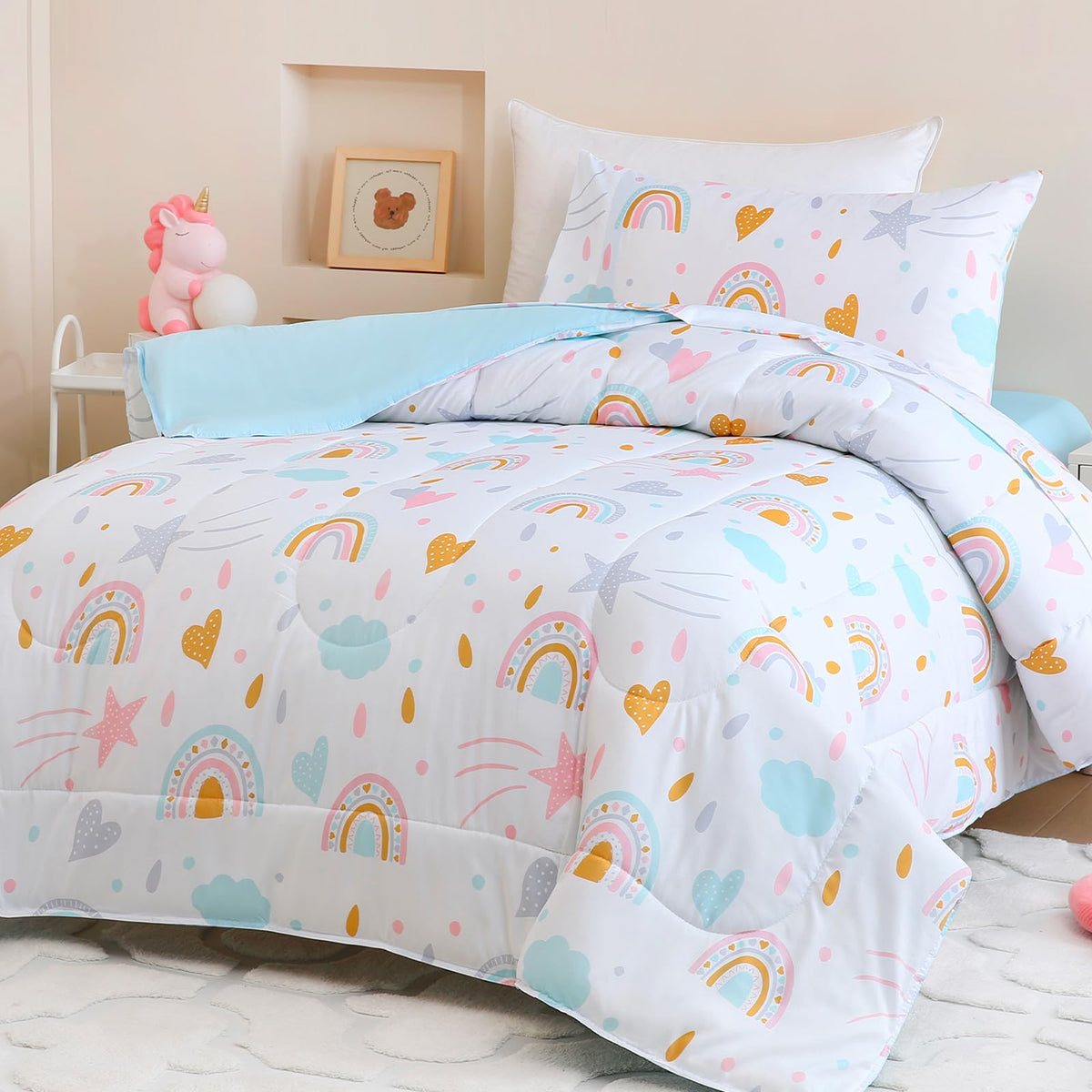Twin Size Pink Check Comforter Set for Kids, Toddler, Boys&Girls, 4 Pieces Bed-in-a-Bag Bedding Set, All Season Ultra Soft Oeko TEX Sheets Set with Comforter, (Pink Bow)