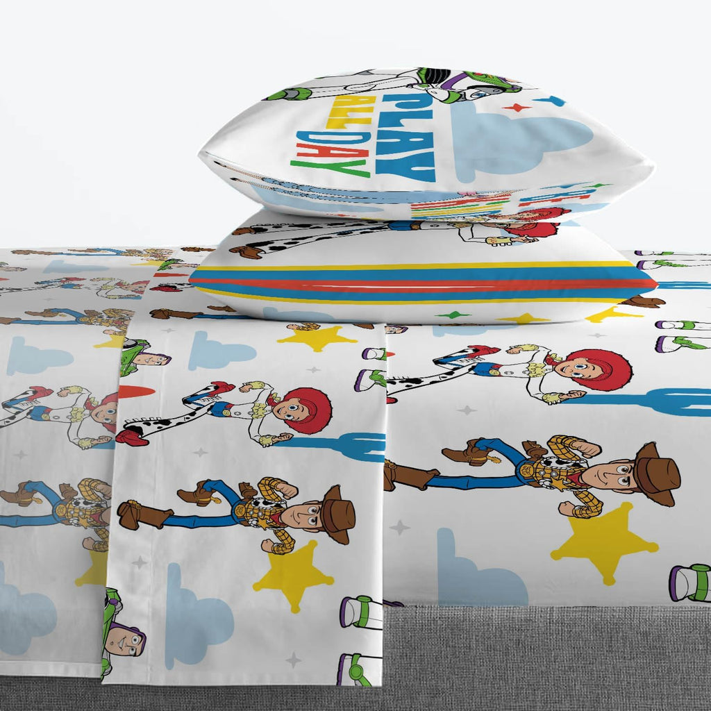 Jay Franco Kids Sheet Cartoon Set with Fitted, Flat Sheets & Pillow Cover - Ultra-Soft Bedding with Pillowcase for Room Decor, White - Toy Story, 4 Piece Queen