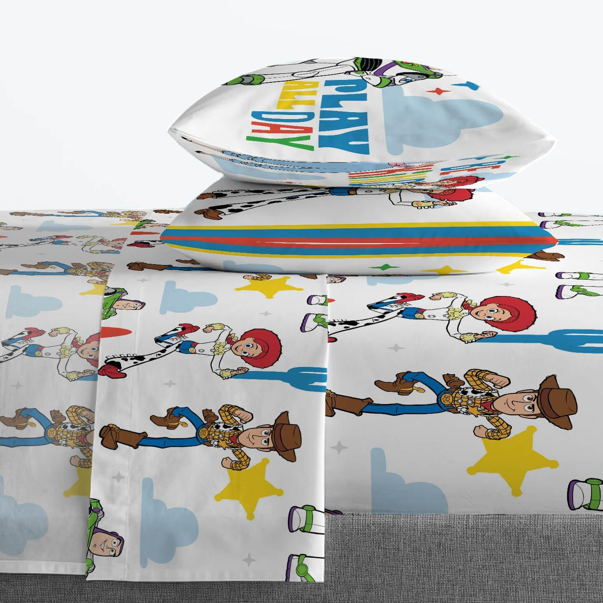 Jay Franco Kids Sheet Cartoon Set with Fitted, Flat Sheets & Pillow Cover - Ultra-Soft Bedding with Pillowcase for Room Decor, White - Toy Story, 4 Piece Queen