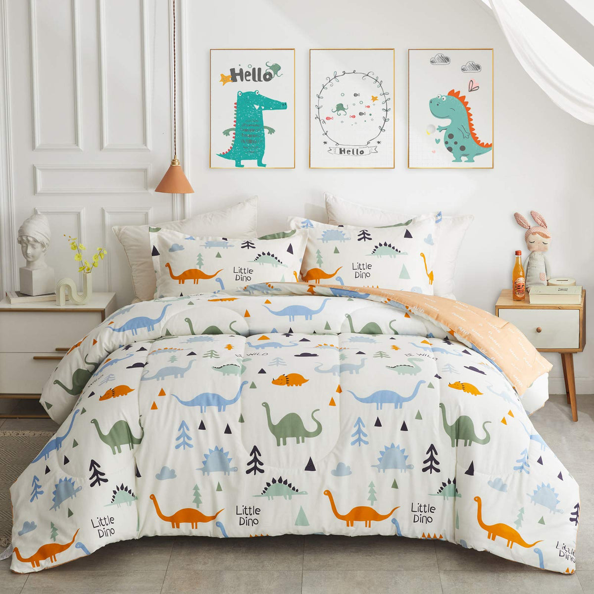 Joyreap Dinosaur Kids Cotton Comforter Set for Boys Girls, Twin Size 3pcs Cotton Bedding Comforter, Fresh Green Dinosaurs on White Design, Skin-Friendly Breathable for All Season- 68x88 inches