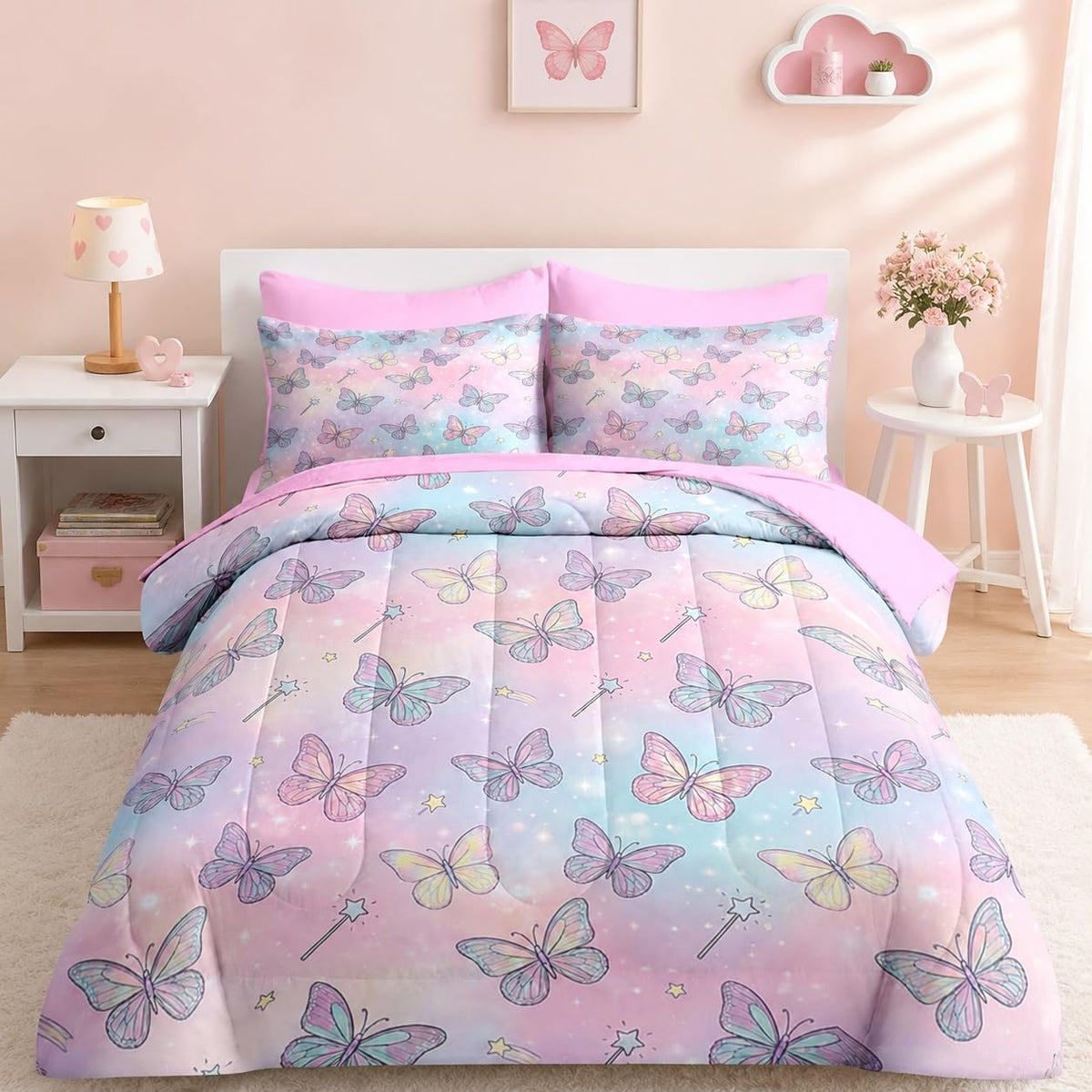 Pamnest Twin Comforter Set for Girls, 5 Pieces Butterfly Bedding Set