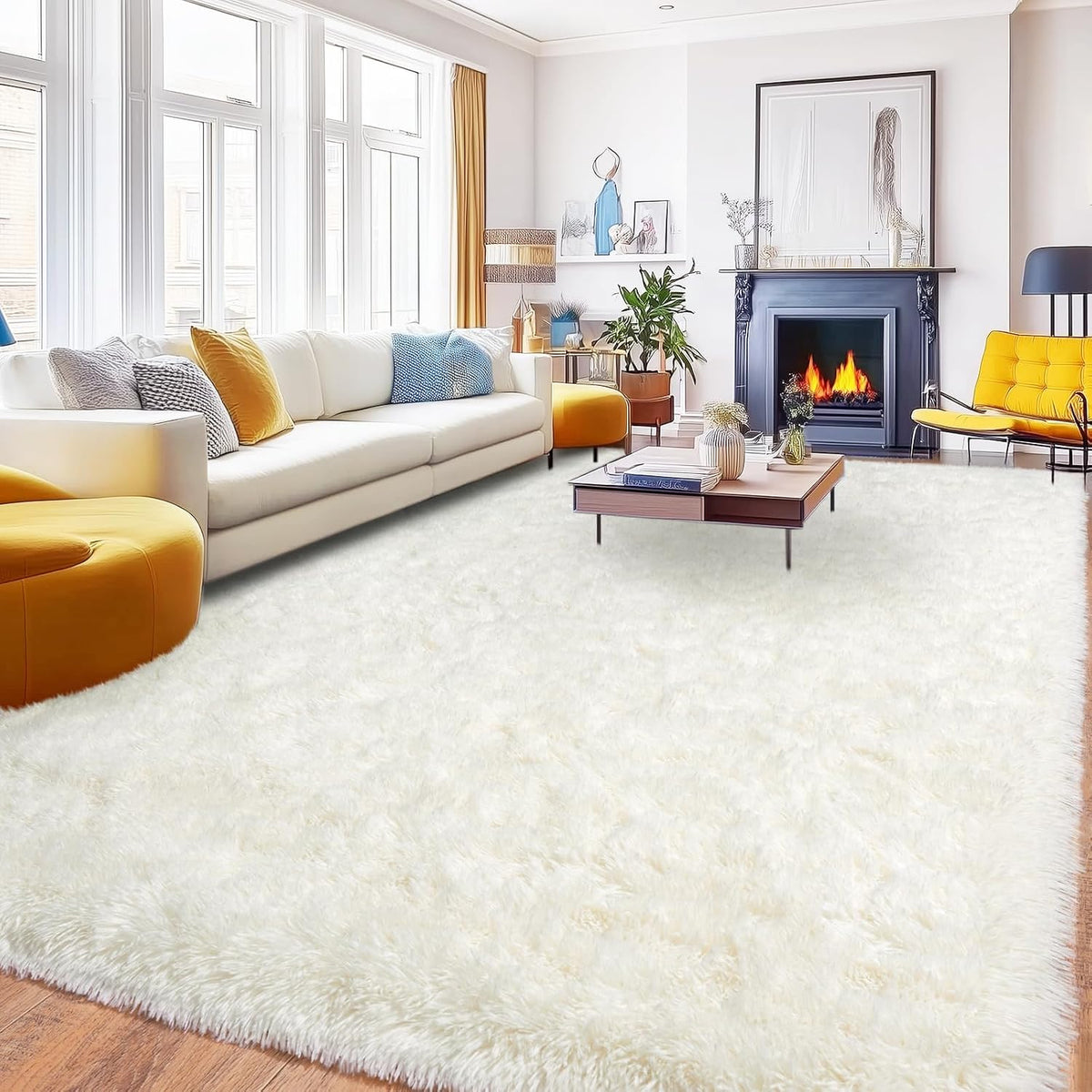 Large Cream White Rugs 5x7, Fluffy Shag Living Room Area Rugs