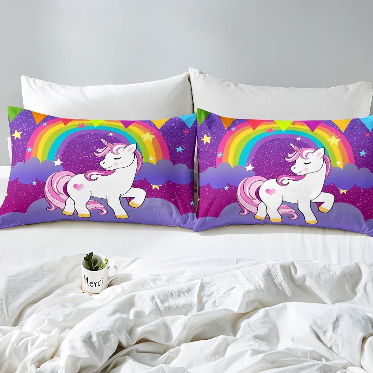 Erosebridal Girls Unicorn Comforter Set Twin Girls Bedding Set Cute Rainbow Unicorn Print Down Comforter Kids Cartoon Kawaii Duvet Insert Galaxy Stars Fantasy Room Decor Children Reversible Purple