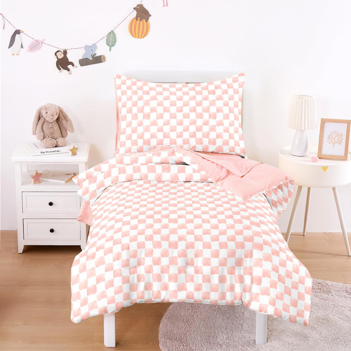 Wake In Cloud - Toddler Bedding Set for Boys Girls, Cute Gingham Grid Checkered, 4 Pieces Soft Crib Bed Set Including Comforter, Sheets and Pillowcase, Brown White