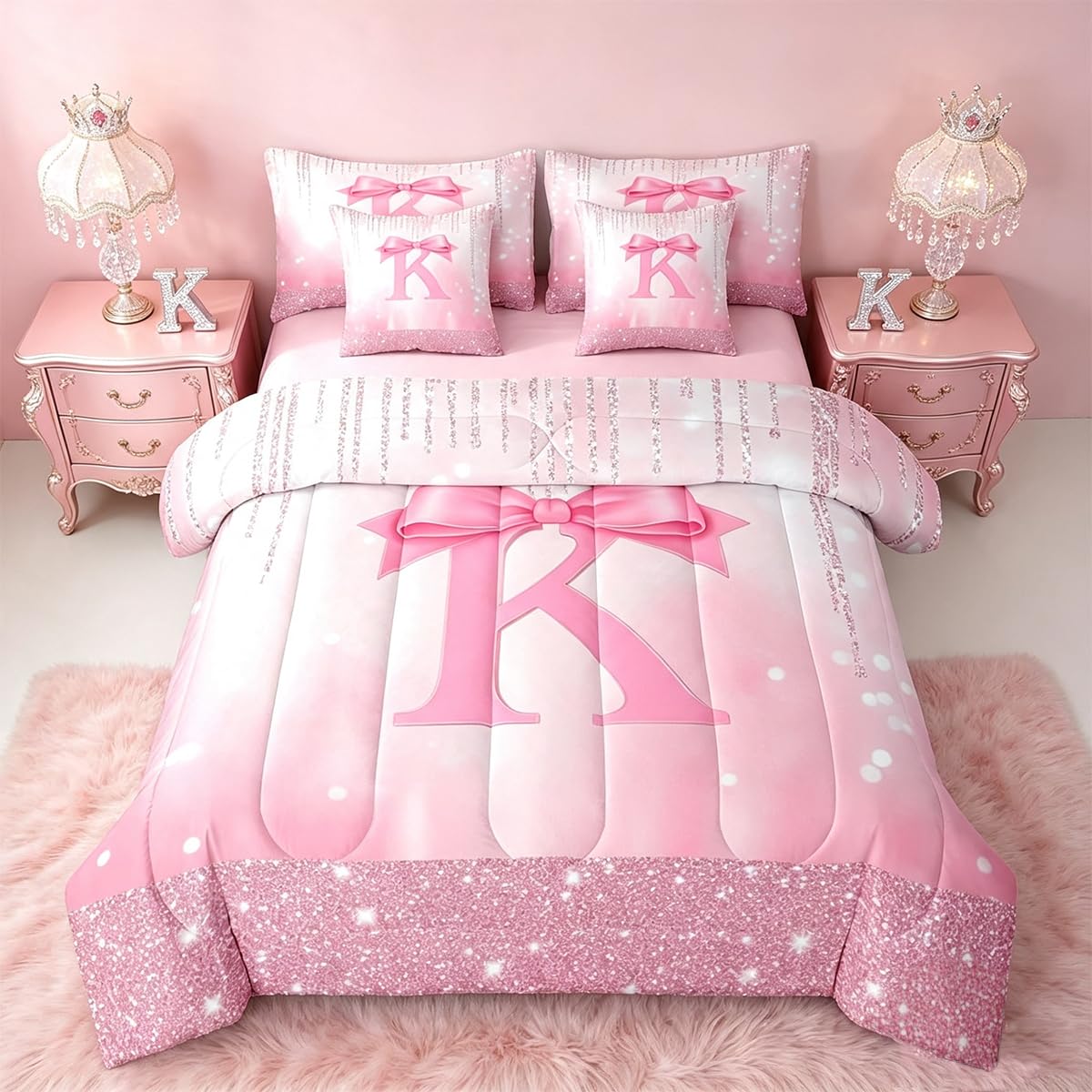 Feelyou Kids Pink Bowknot Bed in A Bag Twin Size, Personalized Initial A Comforter Set with Sheets Princess Glitter 7 Pieces Bedding Set Boys Girls Bow Alphabet Teens Bed Set Bedroom Decor 7Pcs