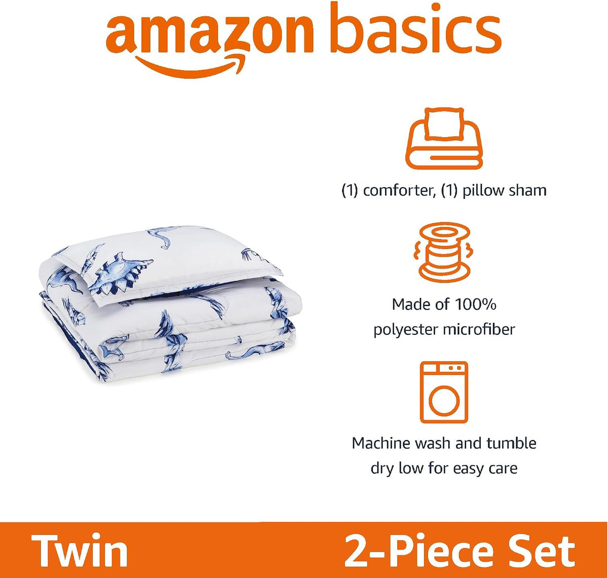 Amazon Basics 2-Piece Soft Microfiber Kid's Comforter and Pillow Sham Set, Twin, Dinosaurs, Animal Print