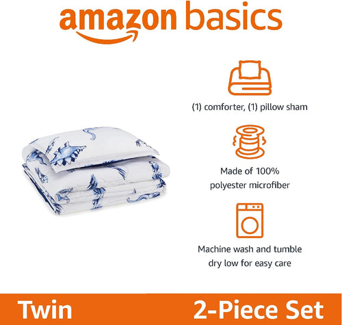 Amazon Basics 2-Piece Soft Microfiber Kid's Comforter and Pillow Sham Set, Twin, Dinosaurs, Animal Print