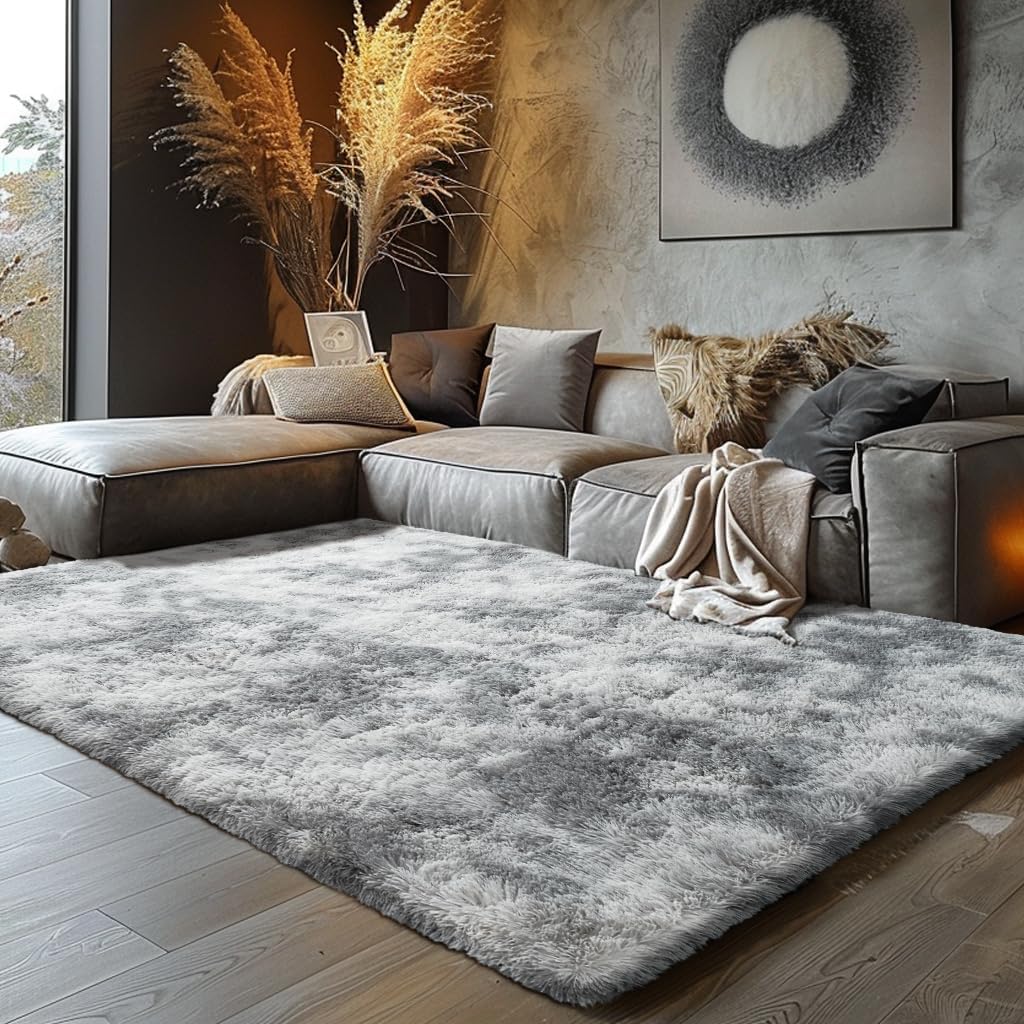 Shag Area Rugs for Bedroom Living Room,4X6 Ultra Soft Fluffy Area Rugs for Dorm,Indoor Carpet Plush Rugs for Home Decor,Tie-Dye Grey