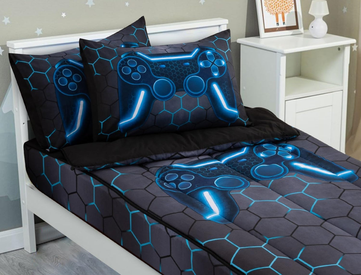 Meeting Story Kids Game Comforter Set Zipper Bedding Twin for Boys, Grey