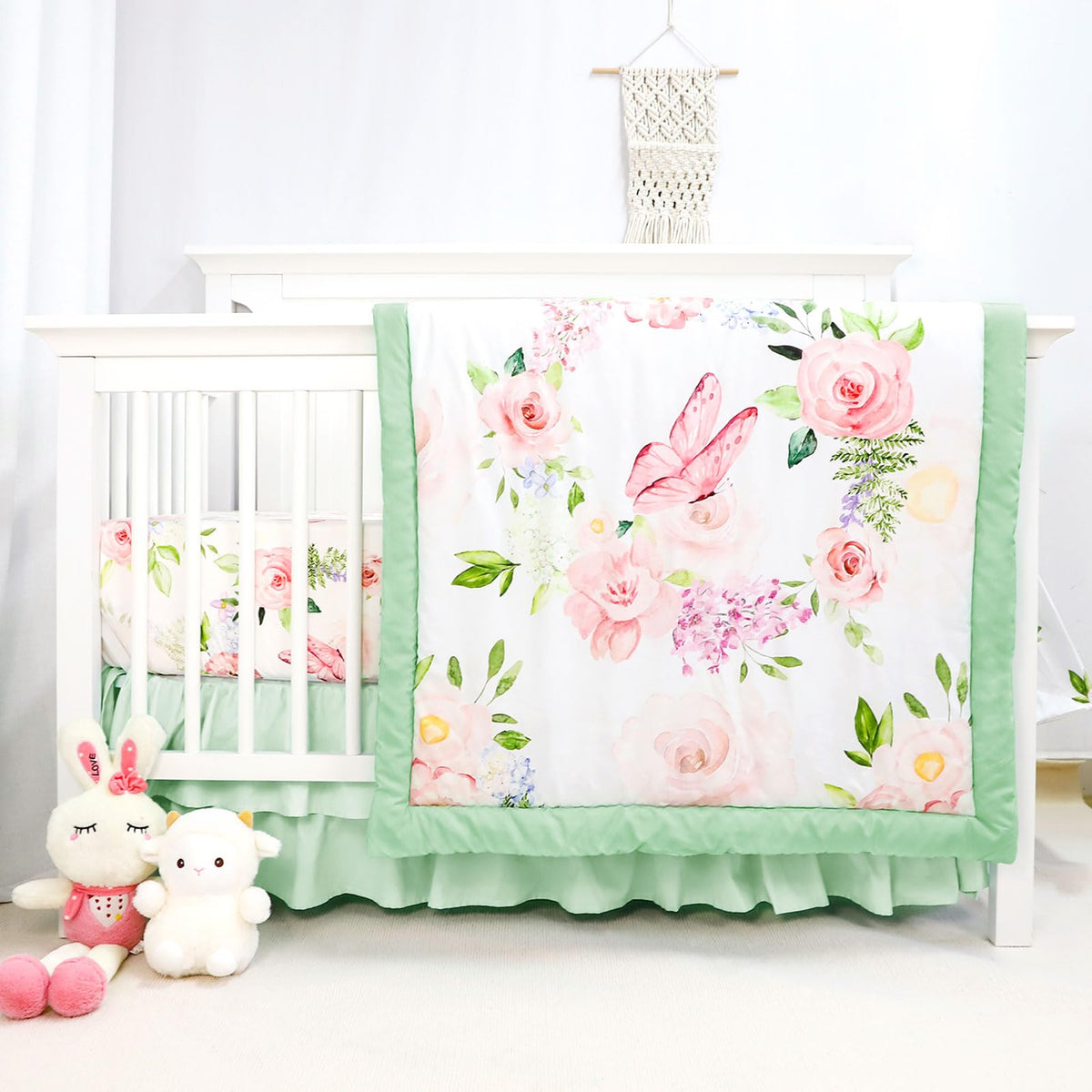 CARULLI Crib Bedding Set for Girls, 4-Piece Pink Rainbow Baby Crib Bedding Set, Soft & Cozy Crib Sets Includes Comforter, Fitted Crib Sheet, Crib Skirt, and Diaper Stacker