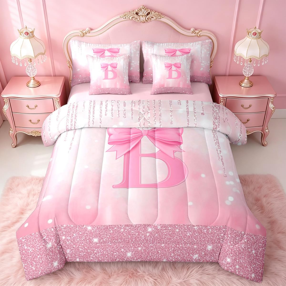 Feelyou Kids Pink Bowknot Bed in A Bag Twin Size, Personalized Initial A Comforter Set with Sheets Princess Glitter 7 Pieces Bedding Set Boys Girls Bow Alphabet Teens Bed Set Bedroom Decor 7Pcs
