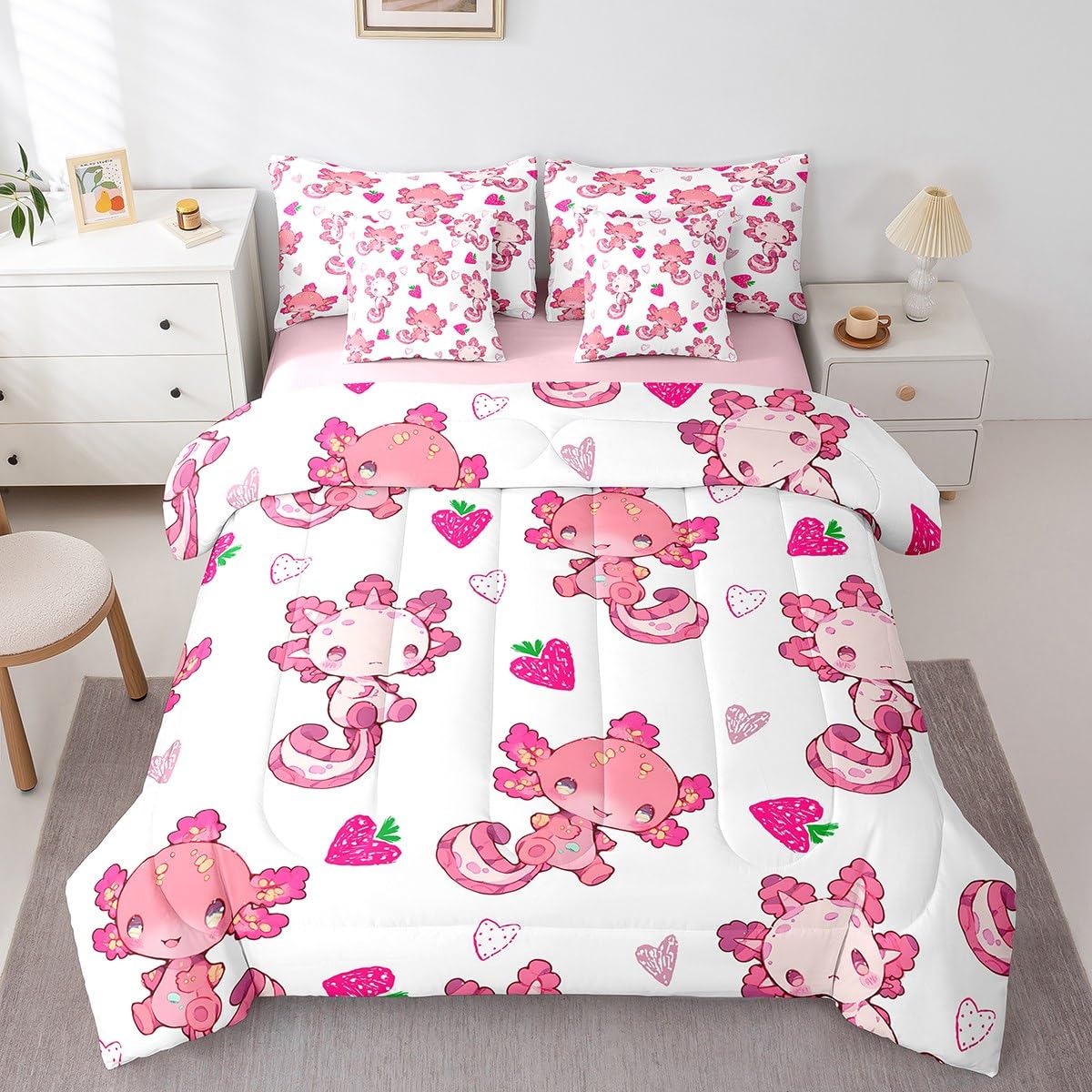 Feelyou Kids Pink Bowknot Bed in A Bag Twin Size, Personalized Initial A Comforter Set with Sheets Princess Glitter 7 Pieces Bedding Set Boys Girls Bow Alphabet Teens Bed Set Bedroom Decor 7Pcs