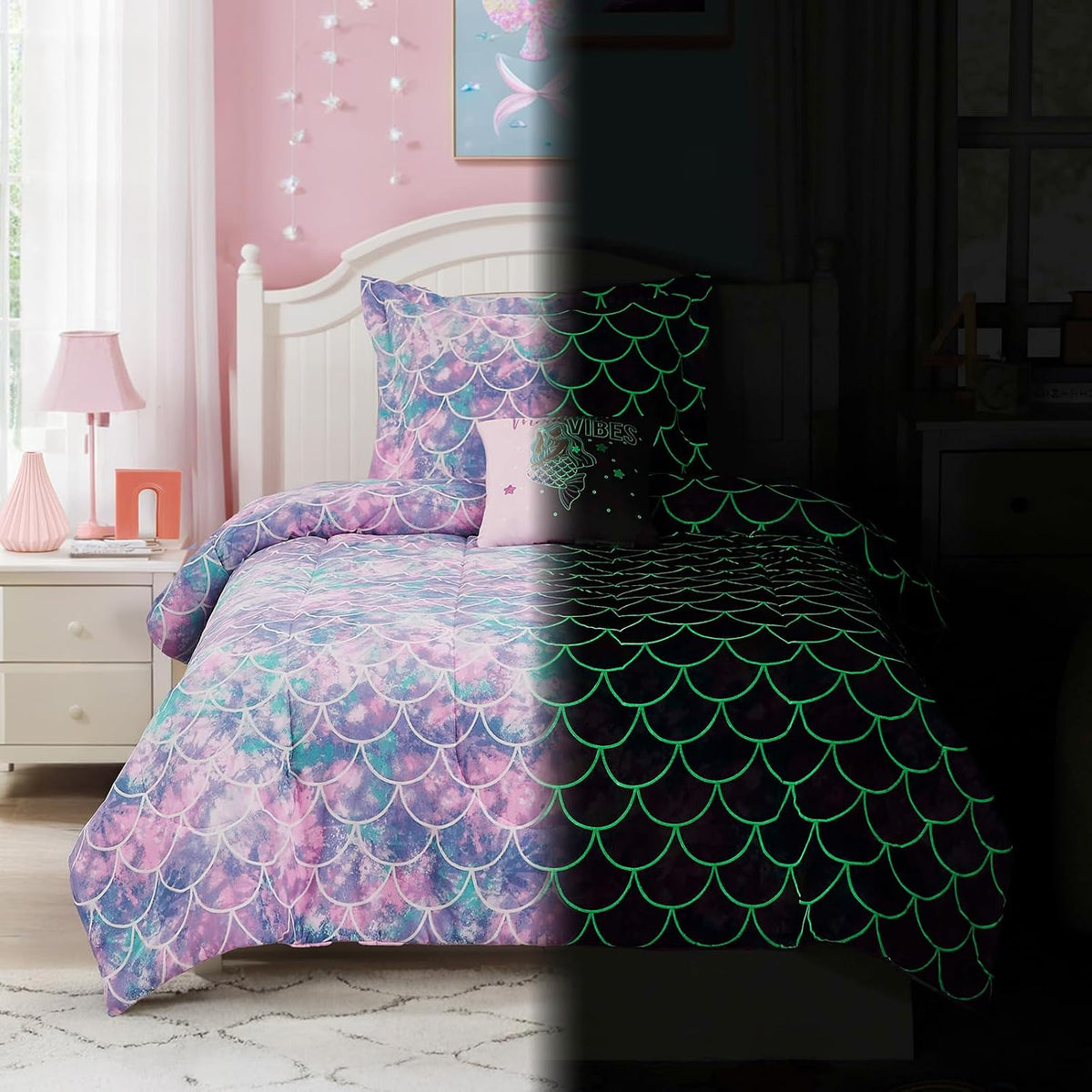 Twin Comforter Set for Girls-3 Pieces Mermaid Glow in the Dark Bedding Sets