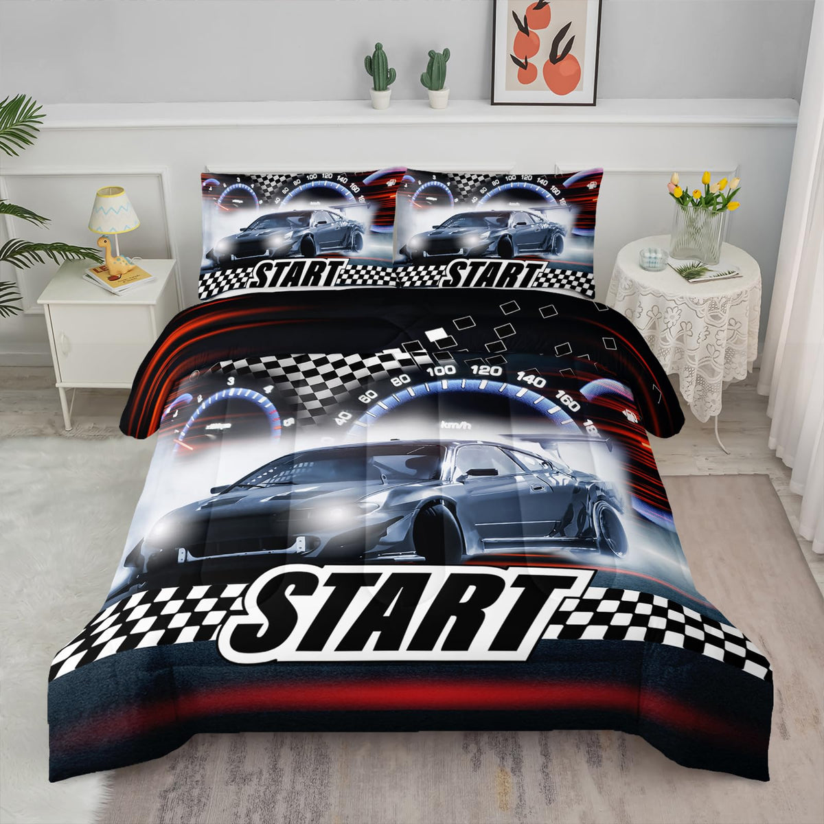 Axolotl Kid Comforter Set Twin Size,Racing Car Bedding Set for Boys Girls Teen Kids Children Racing Gifts,Race Cars Quilt Bed Set with 1 Comforter 2 Pillowcases,Red Grey