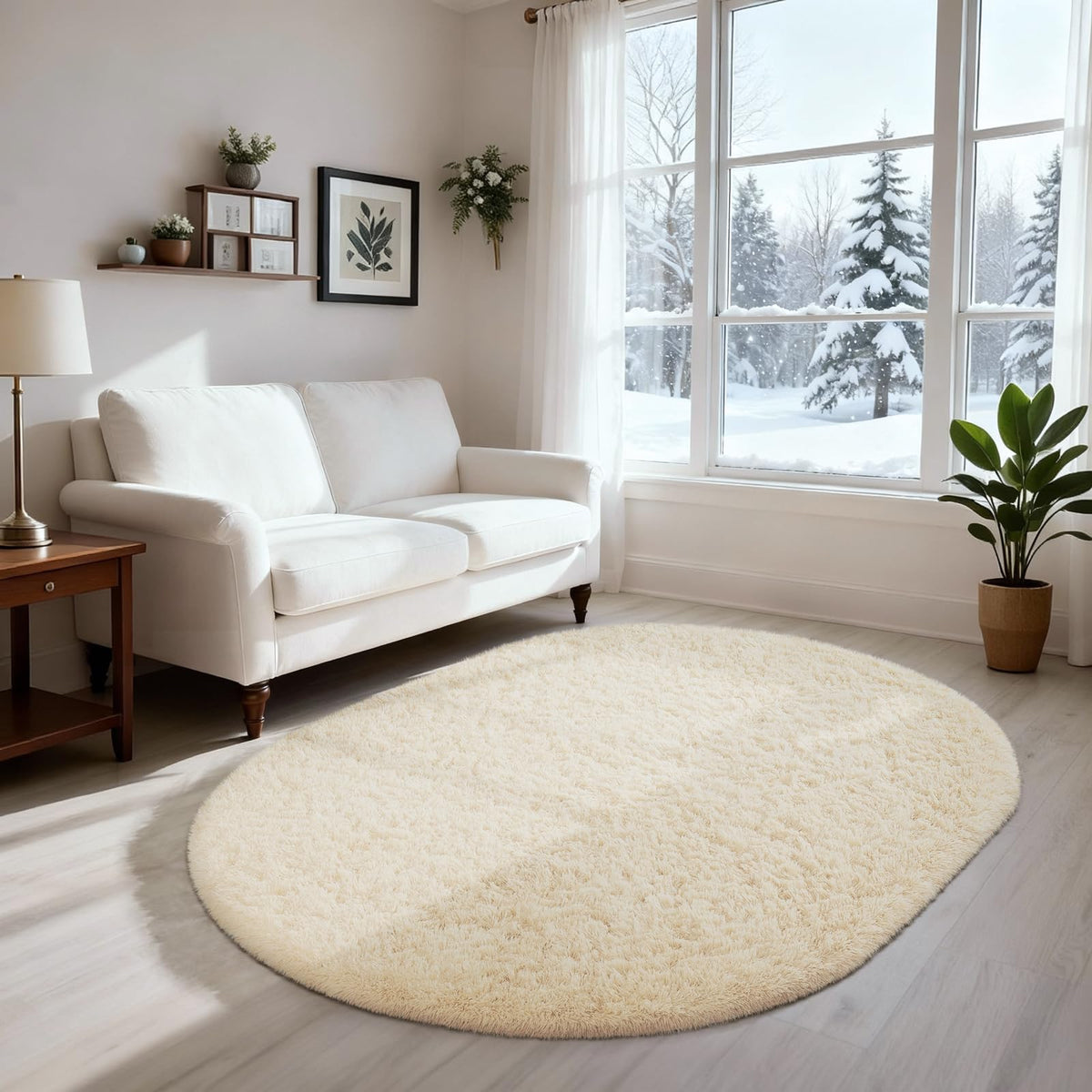 Ophanie Round Rugs 5Ft Ivory Circle Area Rug,Baby Nursery Living Room Bedroom Decor Circular Carpet 5 Foot,Fluffy Fuzzy Shag Plush Cream for Kids Boys Girls Teen with Over 99 pcs Pile fibers