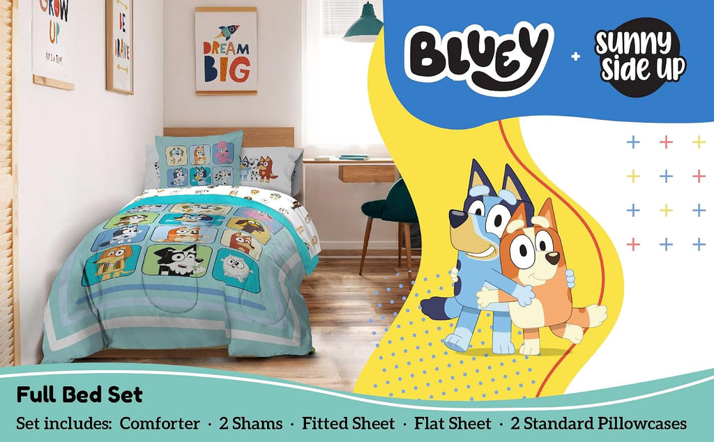 Sunny Side Up Bluey & Friends Full Comforter Set - 7 Piece Kids Bedding Includes Comforter, Sheets & Pillow Cover - Super Soft Microfiber Bed Set
