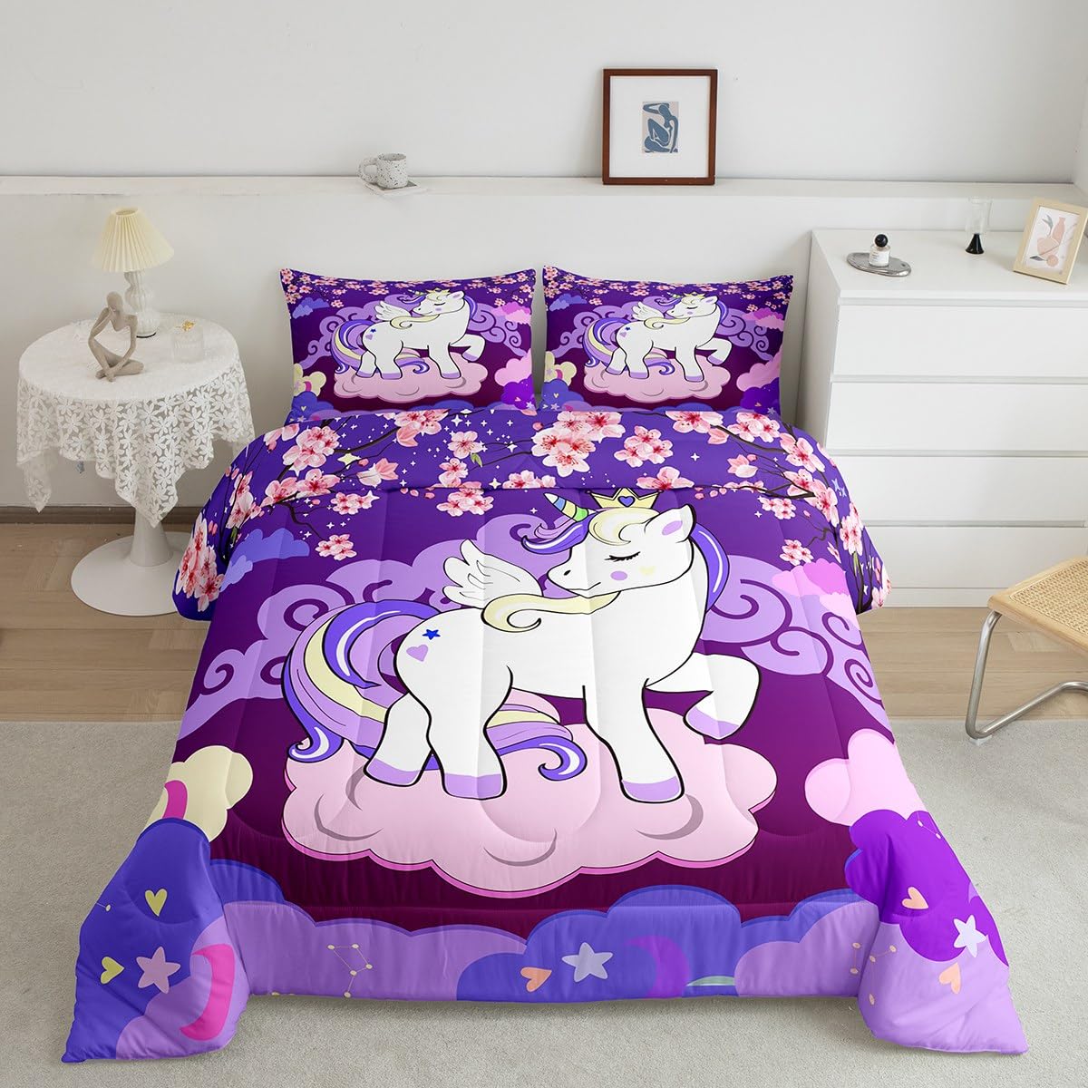 Feelyou Unicorn Girls Bedding Set Twin Rainbow Kids Pink Unicorn Comforter Set Kawaii Cute Reversible Stars Duvet Quilt Teens Children Adults Cartoon Unicorn Room Decor All Season