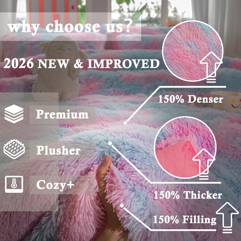 Faux Fur Kids Girls Purple Rainbow Comforter Sets Twin/Full - 3PC Bed Set Warm Comfortable Soft Plush Flannel Velvet Fluffy Fuzzy Bedding（Comforter x 1 Pillowcases x 2）