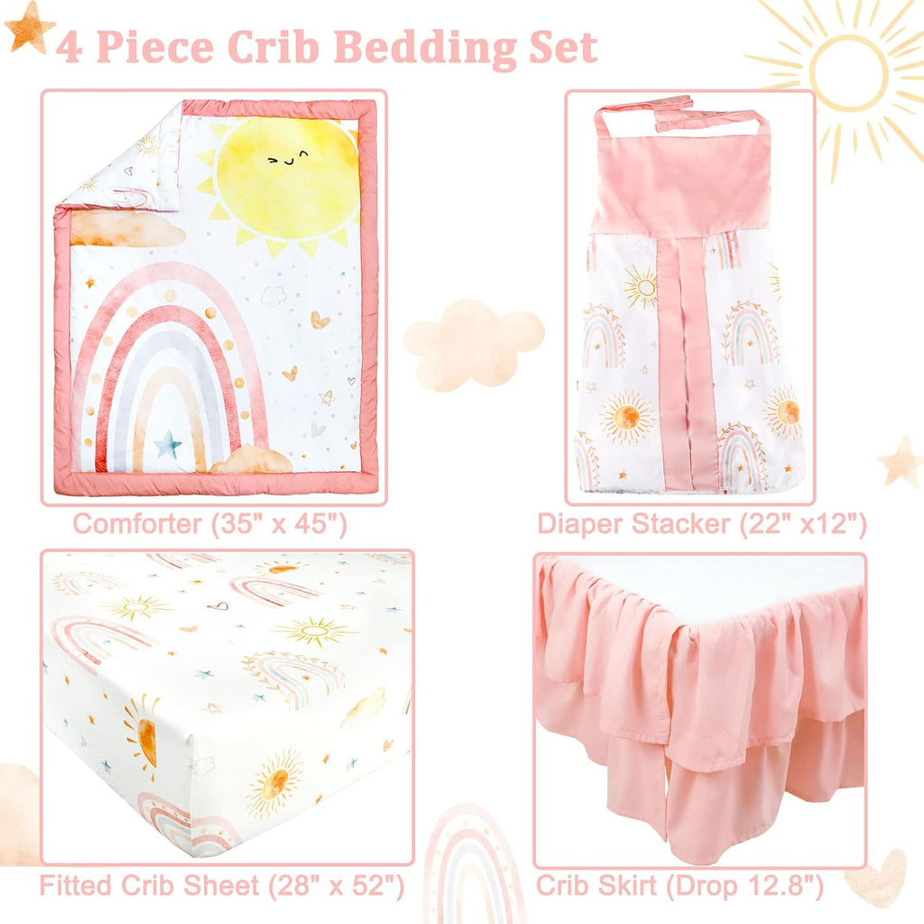 CARULLI Crib Bedding Set for Girls, 4-Piece Pink Rainbow Baby Crib Bedding Set, Soft & Cozy Crib Sets Includes Comforter, Fitted Crib Sheet, Crib Skirt, and Diaper Stacker