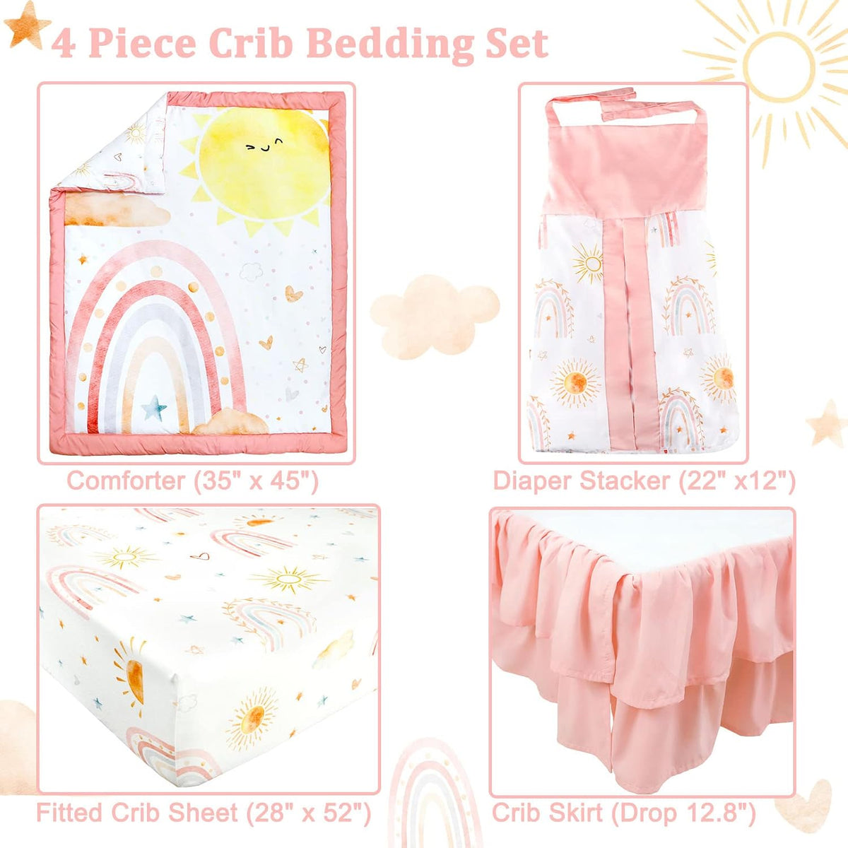 CARULLI Crib Bedding Set for Girls, 4-Piece Pink Rainbow Baby Crib Bedding Set, Soft & Cozy Crib Sets Includes Comforter, Fitted Crib Sheet, Crib Skirt, and Diaper Stacker