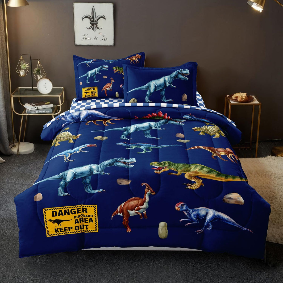 Kid Twin Quilts Comforter Set Dinosaur Bedding Set for Boys, Blue