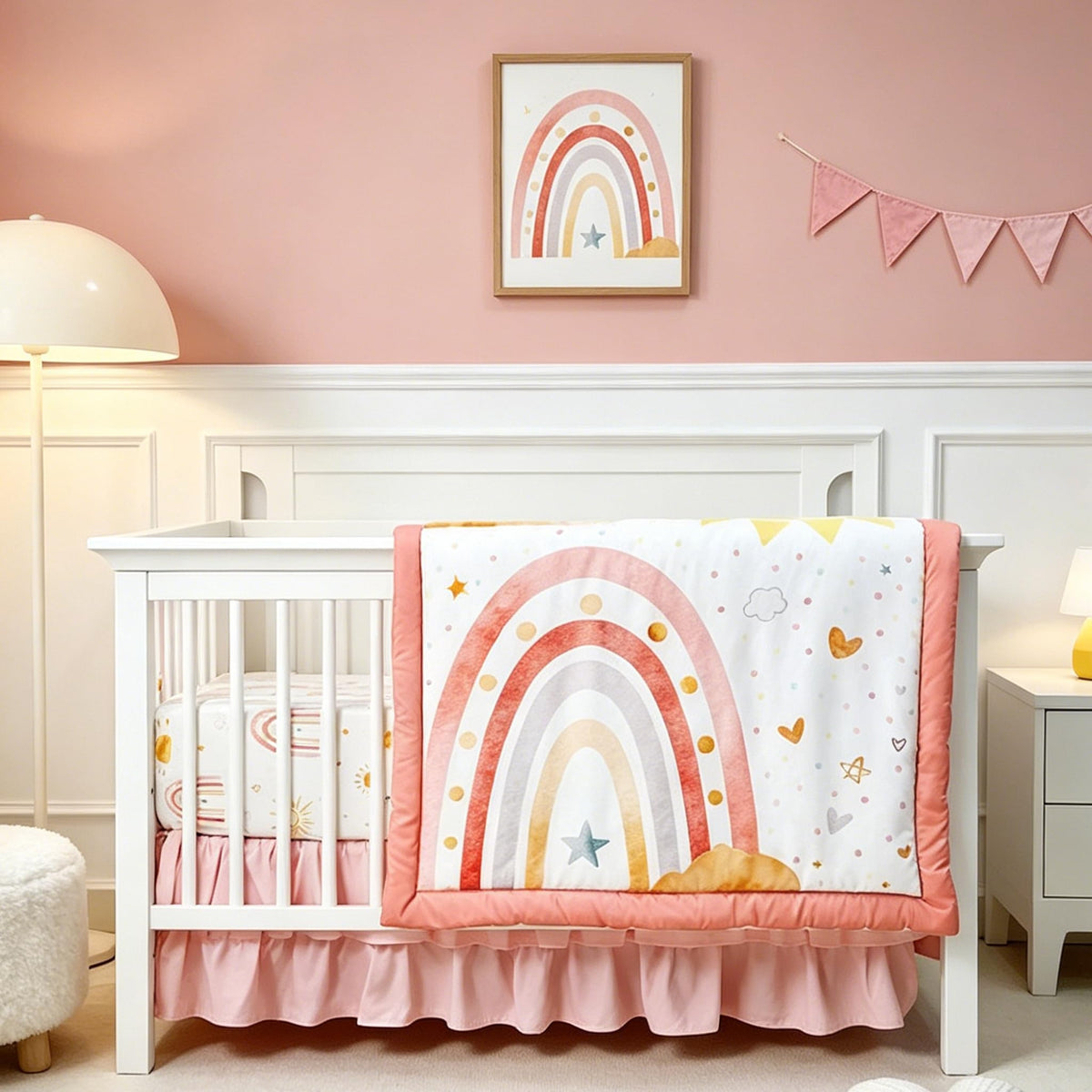CARULLI Crib Bedding Set for Girls, 4-Piece Pink Rainbow Baby Crib Bedding Set, Soft & Cozy Crib Sets Includes Comforter, Fitted Crib Sheet, Crib Skirt, and Diaper Stacker