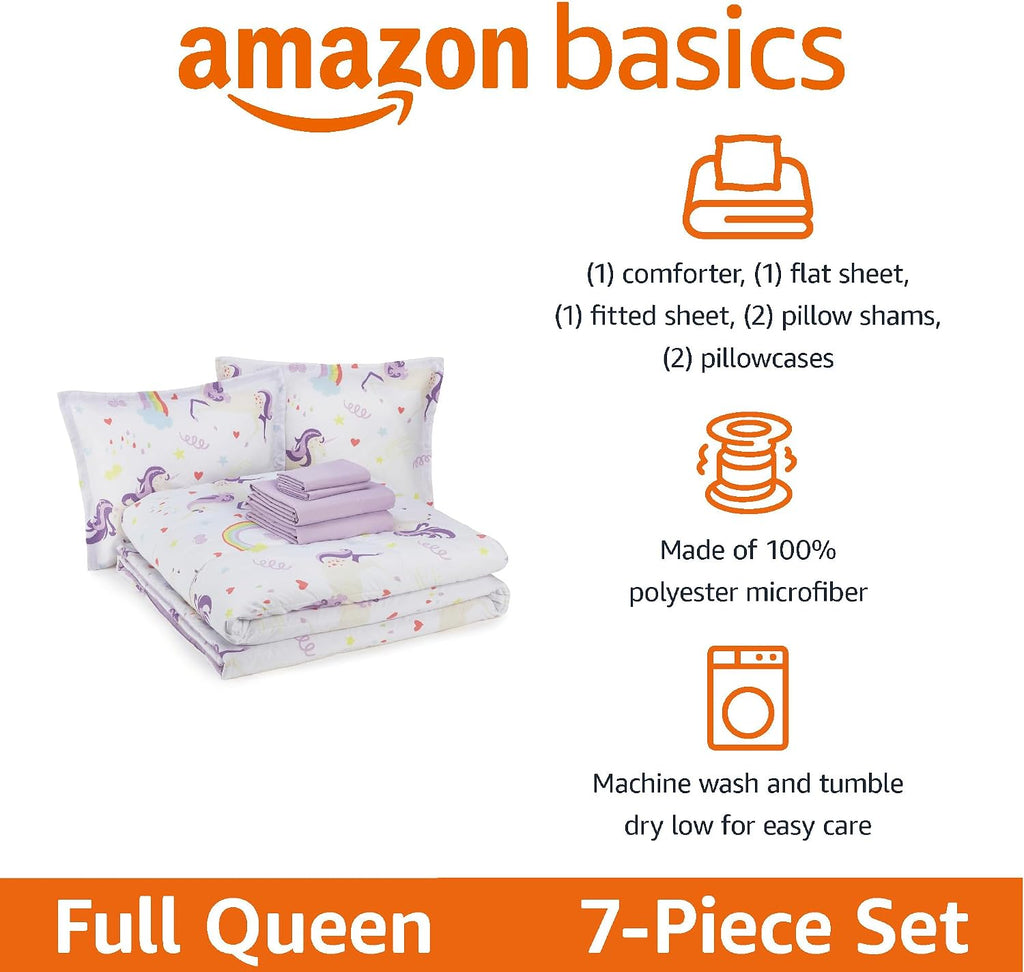 Amazon Basics 7-Piece Soft, Easy-Wash Microfiber Kid's Bed-in-a-Bag Bedding Set with Sheet and Comforter, Full/Queen, Unicorn Print