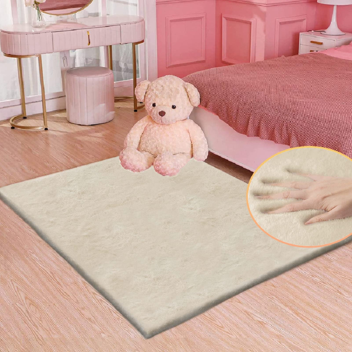 ORINOVA Beige Faux Sheepskin Rabbit Fur Shaggy Rugs for Bedroom Small Shag Washable Fluffy Fur Rug for Living Room Rug 2x3 Nursery Rectange Rugs