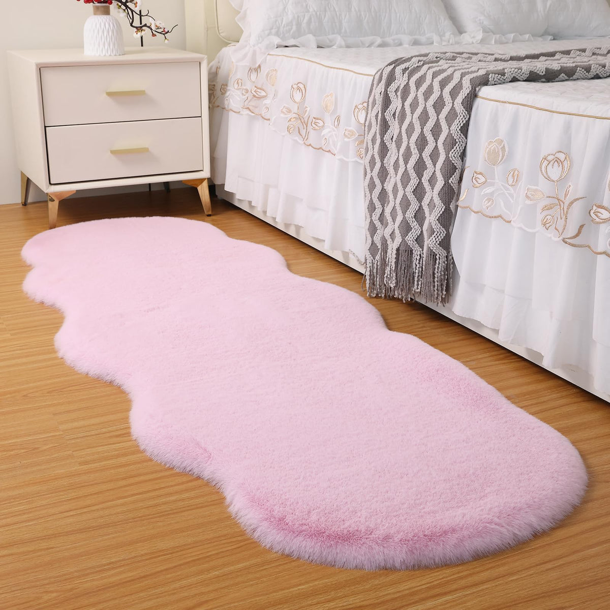 Fluffy Faux Rabbit Fur Rug 2'x6ft Beige Non-Slip Washable Mat Bedroom Living Room