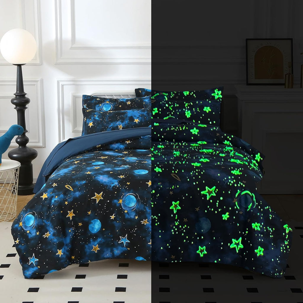Glow in The Dark Kids Comforter Set, 3 Pieces Blue Space Bedding Set Twin Size for Boys Girls Teen, 1 Comforter, 1 Pillowcase, 1 Pillow Sham
