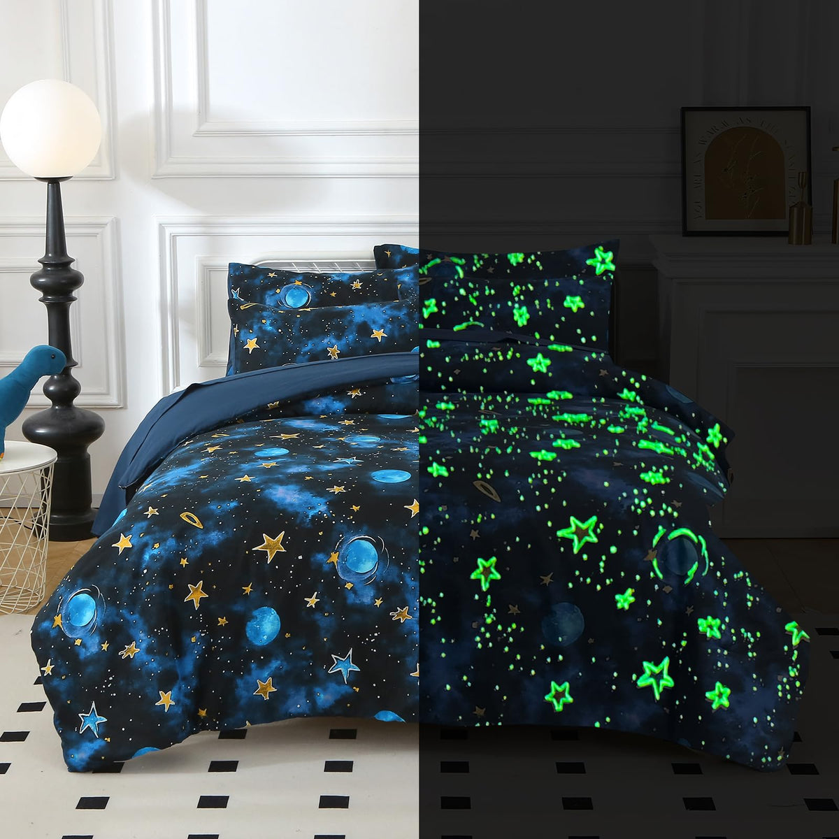 Glow in The Dark Kids Comforter Set, 3 Pieces Blue Space Bedding Set Twin Size for Boys Girls Teen, 1 Comforter, 1 Pillowcase, 1 Pillow Sham